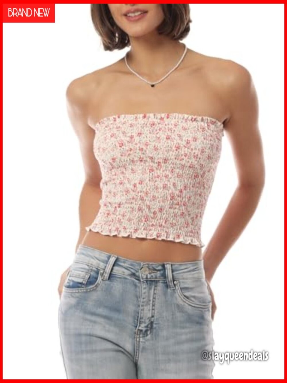 Strapless Tube Top Stretchy Smocked Bandeau Crop Tank Summer - Picture 2 of 7